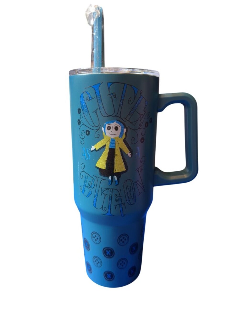 Cute As A Button Themed Travel Tumbler W/ Handle & Lid - Character Design 40 Oz